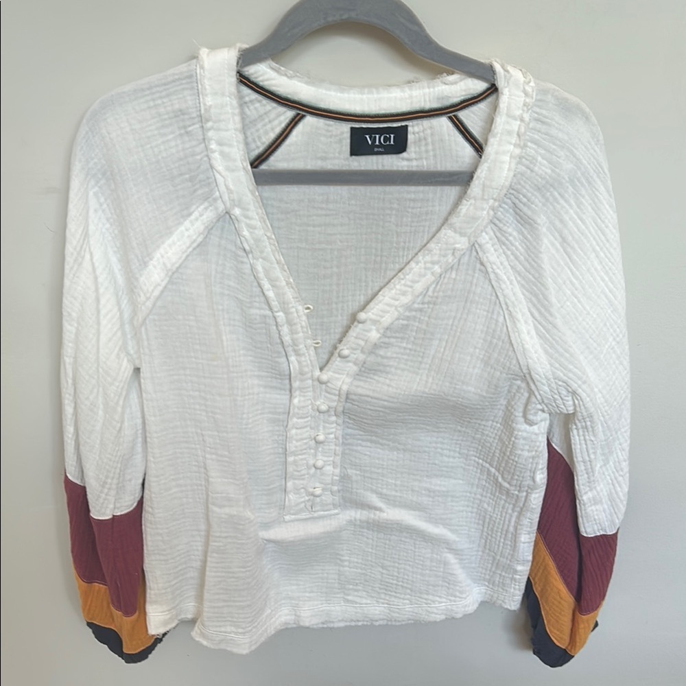 Vici White V Neck Blouse with Colorful Sleeve Accents